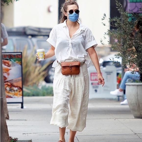 ASO Elizabeth Olsen Black Crane Drawstring Linen Pants - Picture 1 of 10